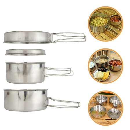 EXHUMKY 1Set Lightweight Stainless Steel Camping Cookware Set Pot Pan Plates Cups for Outdoor Use