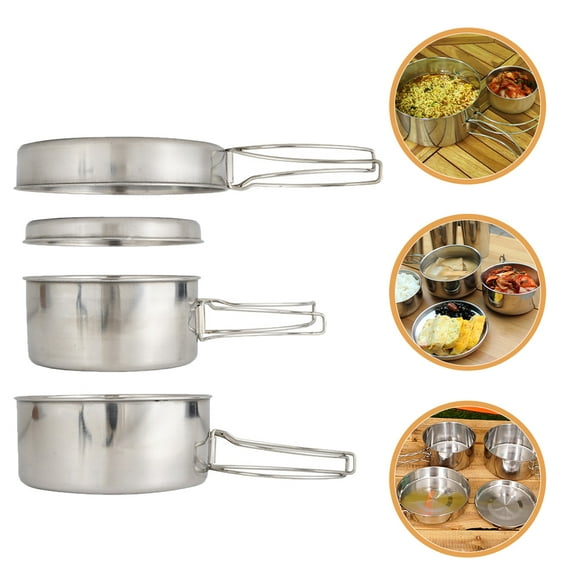 EXHUMKY 1Set Lightweight Stainless Steel Camping Cookware Set Pot Pan Plates Cups for Outdoor Use