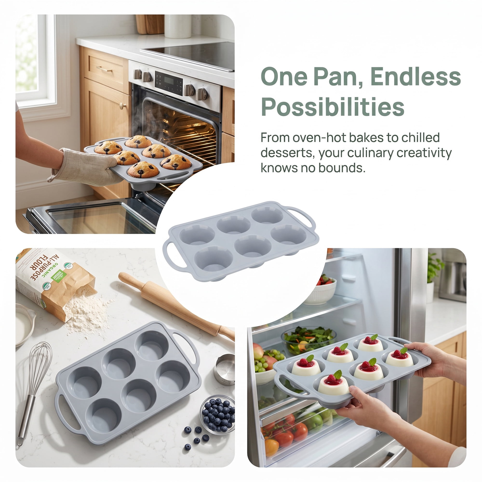 Unique Bargains Baking Pan 12-Cup Nonstick Silicone Tray with Dual Handles Gray 12.8"x7.1"x1.5"