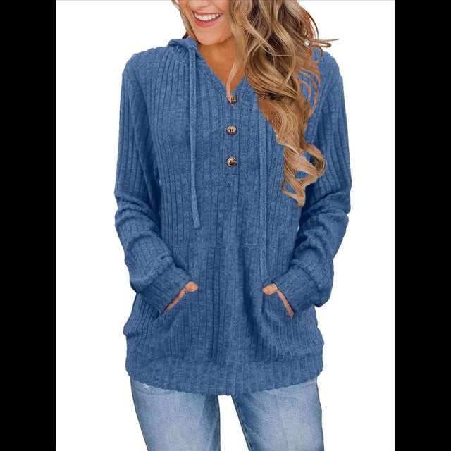Sudadera con Capucha de Moda para Mujer, de Larga y Cuello en V, Informal, para Otoño e Invierno. Azul M