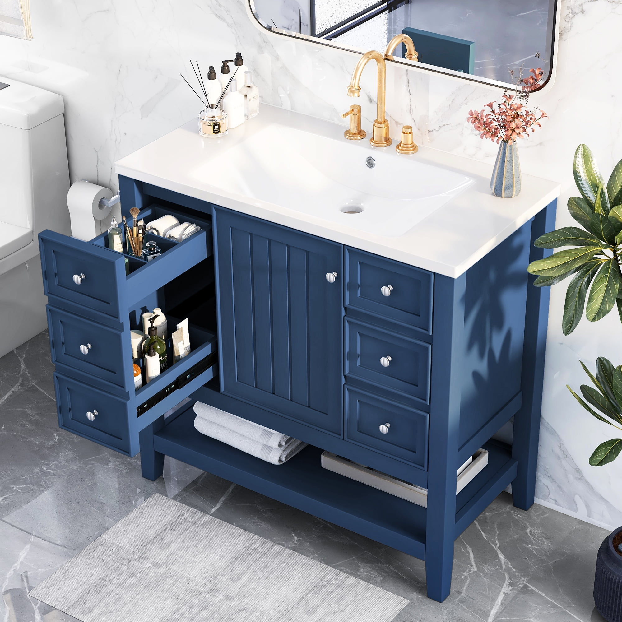 Euroco 36" Freestanding Bathroom Vanity with Ceramic Sink, Cabinet, Drawers & Open Shelf – Solid Wood & MDF Structure