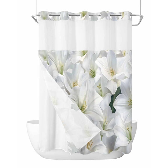 No Hook Cloth Fabric Shower Curtain with Snap in Liner, White Floral Waterproof Shower Curtains Set with See Through Top Window, Botanical Garden Florals Blossom Motif Bath Curtains Shower 60"x72"