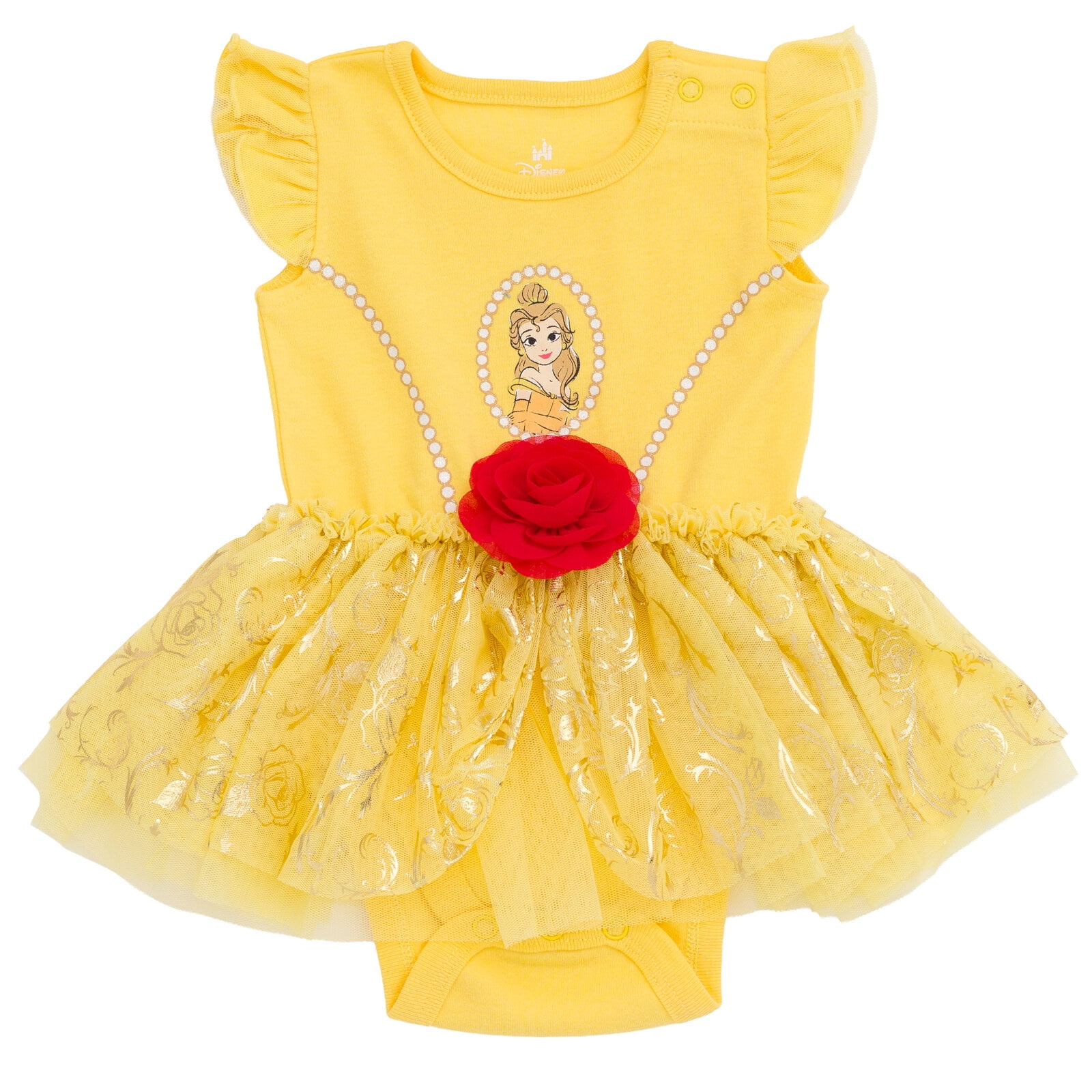 Disney Princess Belle Cosplay Bodysuit With Skirt Overlay & Headband Outfit Set Newborn to Infant