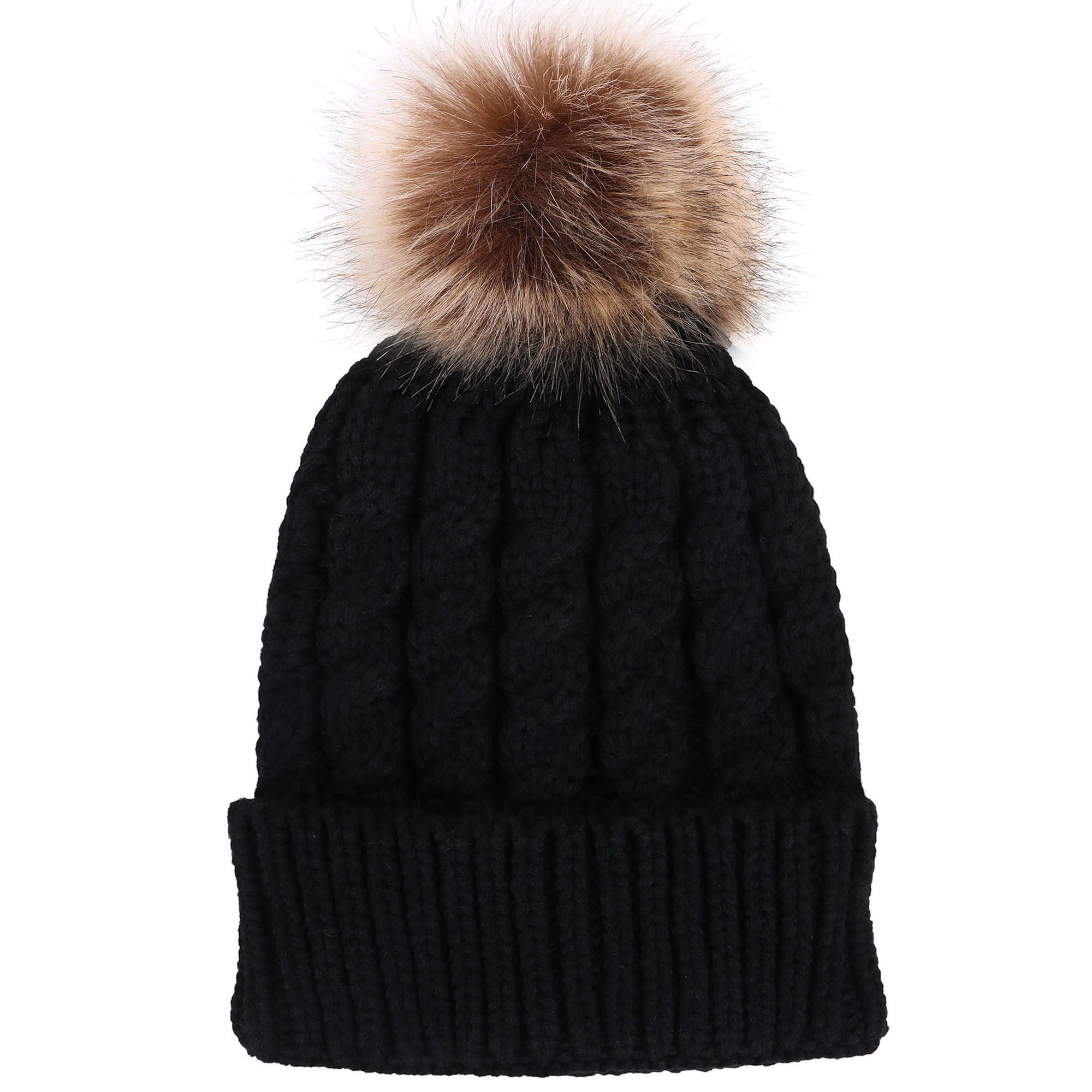 Men / Women's Winter Handcraft Knit Faux Fur Pom Beanie Hat Black ...