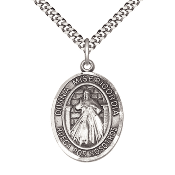 .925 Sterling Silver Divina Misericordia Medal Pendant on 24 Inch Endless Rhodium Plated Heavy Curb Chain,Catholic Religious Necklace -Made in USA, Comes in Deluxe Velvet Gift Box