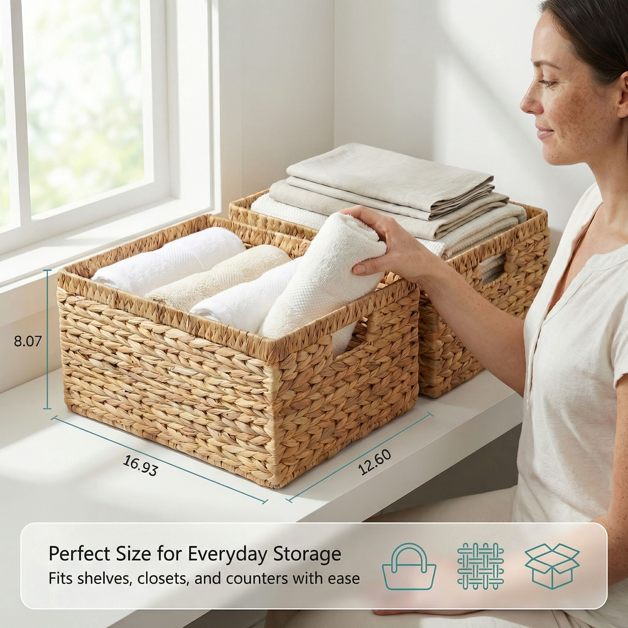 DEILSY Natural Water Hyacinth Wicker Storage Basket with Built-in Handles, Decorative Woven Storage Basket, Handwoven Wicker Basket for Pantry, Shelves, Closet & Home Organization - 2 Pack