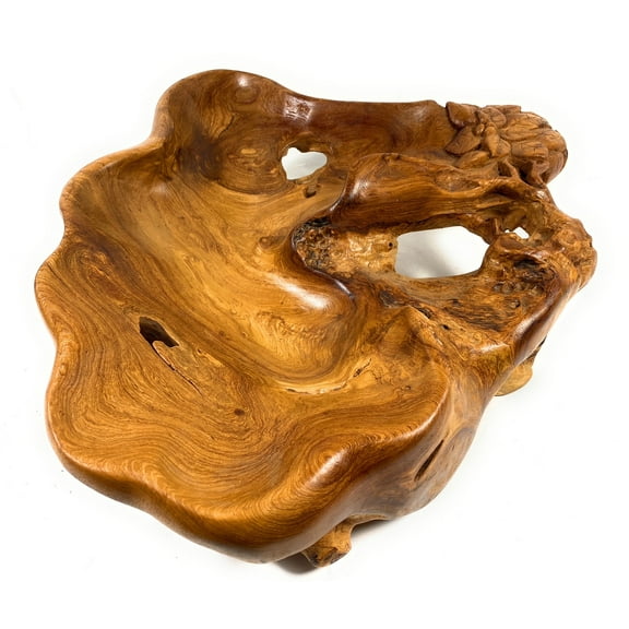Unique Teak Root Bowl w/ Carved Tropical Flowers 21" X 21" X 8" - Centerpiece | #cin02i