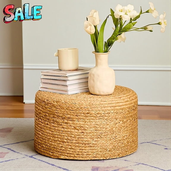 Tcbosik Handcrafted Natural Seagrass Round Ottoman Stool, 17.7" Round Footrest & Meditation Seat with Wooden Support, Eco-Friendly Rustic Boho Decor, No-Assembly