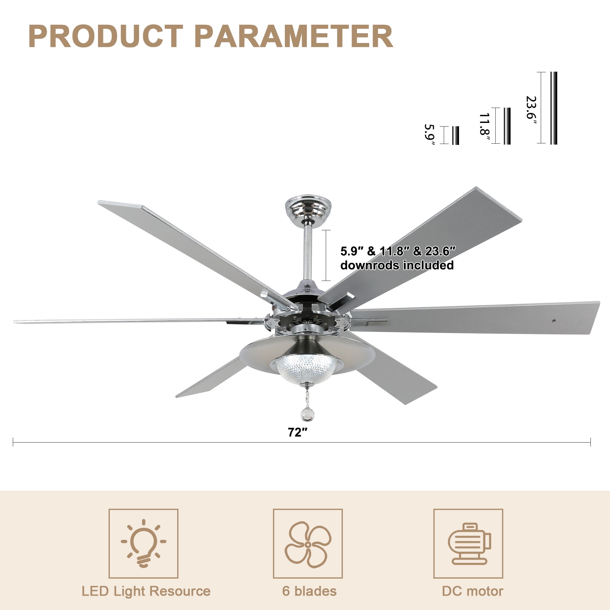 Bella Depot 72" Modern LED Ceiling Fan 6-Speed Reversible Chandelier With Dimmable Light and Remote Control