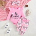 thumbnail image 2 of Toddler Baby Girl Fall Winter Outfits Long Sleeve Cute The Princess Has Arrived Print Romper Heart Print Long Pants with Headband 3-Piece Outfit Baby Girl Gift Set 0 3 6 9 12 18 Months, 2 of 5