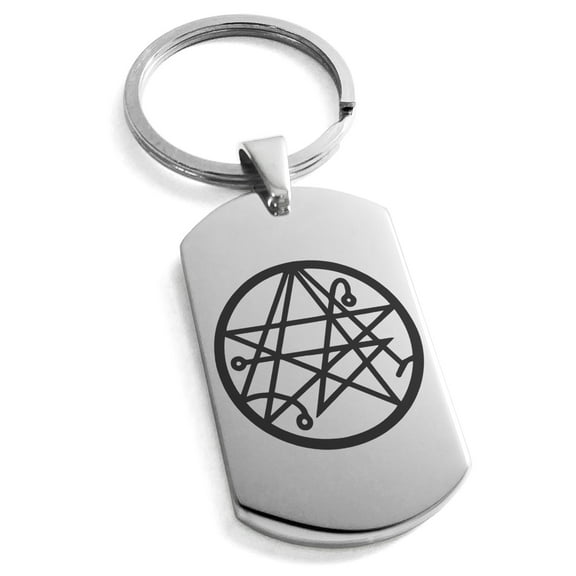 Stainless Steel Necronomicon Talisman Rune Engraved Dog Tag Keychain Keyring