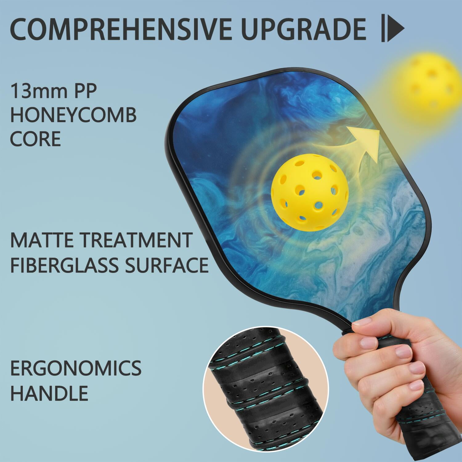 Pickleball Paddles Set Of 2, Fiberglass Surface, Turquoise Marble Pattern, 4 Balls & Bag