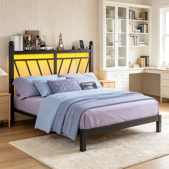 Metal Queen Size Headboard with Storage, 60,000 DIY Color LED Lights, Charging Station, Freestanding, Easy Assembly, Black