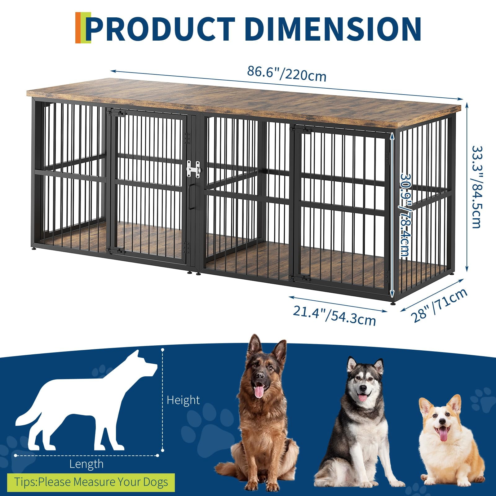 Extra Large 87" Double Dog Crate with Divider – Heavy Duty Wooden Kennel TV Stand with 3 Lockable Doors for 2 Dogs, Suitable for Small, Medium, or Large Dogs, Black