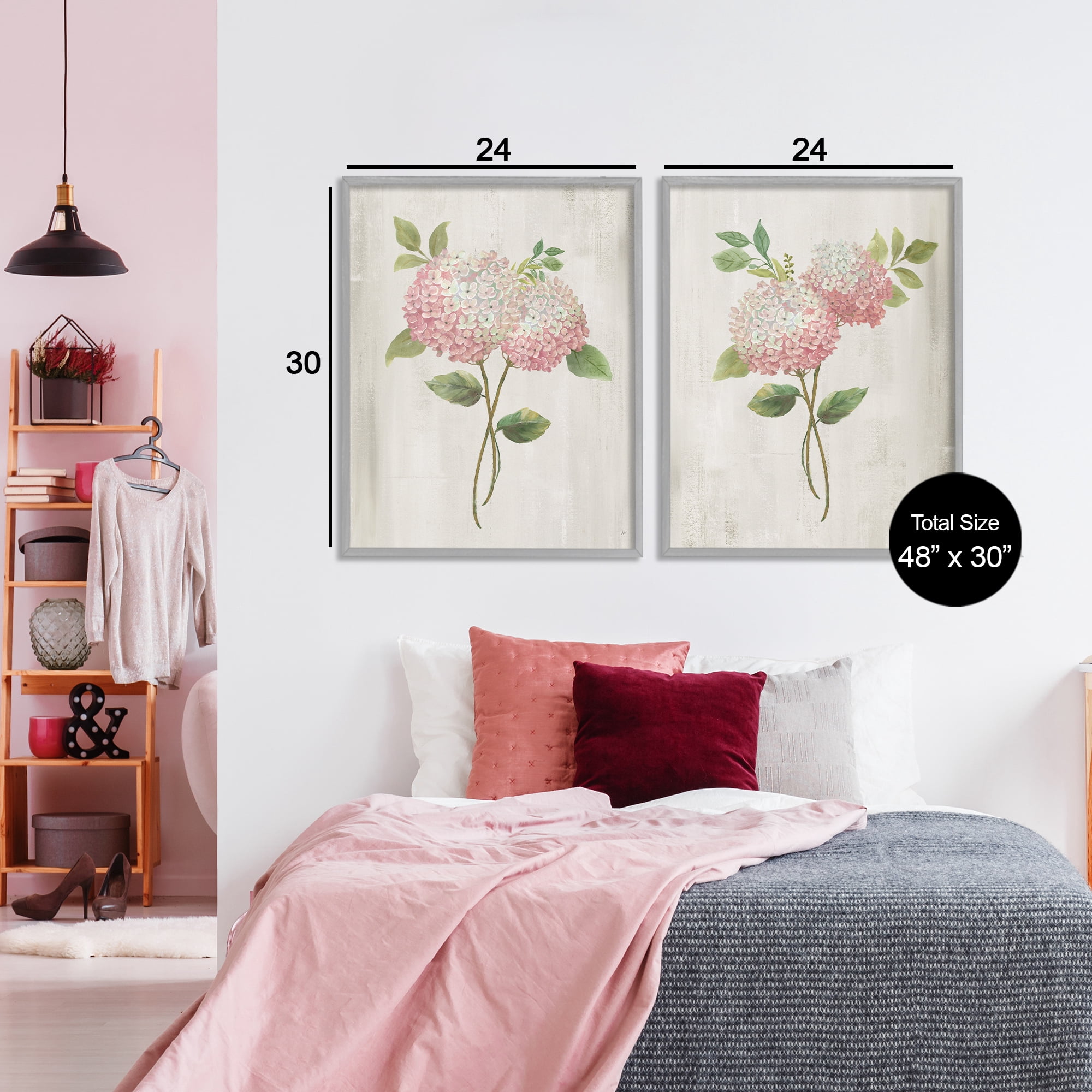Stupell Industries Vintage Pink Hydrangea Pairs 2 Piece Gray Framed Giclee Art Set, design by Nan