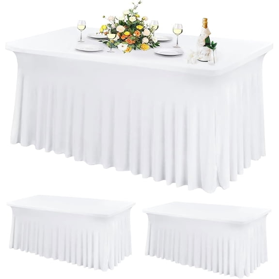 Table Skirt for 6ft Tables Spandex White Table Cover with Skirt 2Packs Stretchy Tablecloth Wrinkle-Resistant Ruffles Elastic Table Covers for Wedding, Banquet, Birthday Parties
