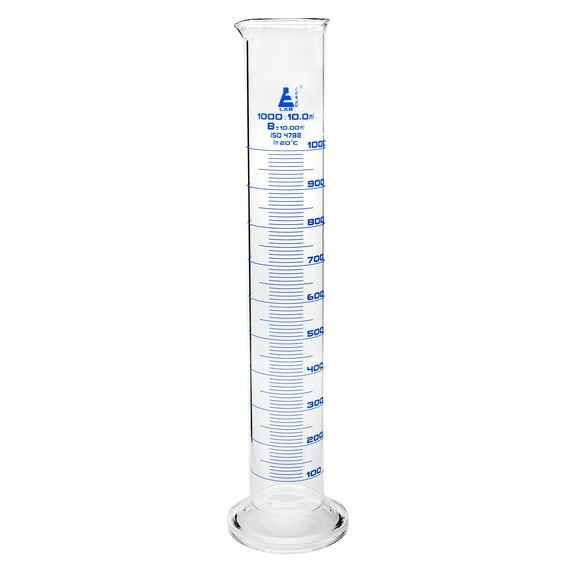 Graduated Cylinder, 1000ml - Class B Tolerance ?10.0ml - Round Base - Blue Graduations - Borosilicate 3.3 Glass - Eisco Labs