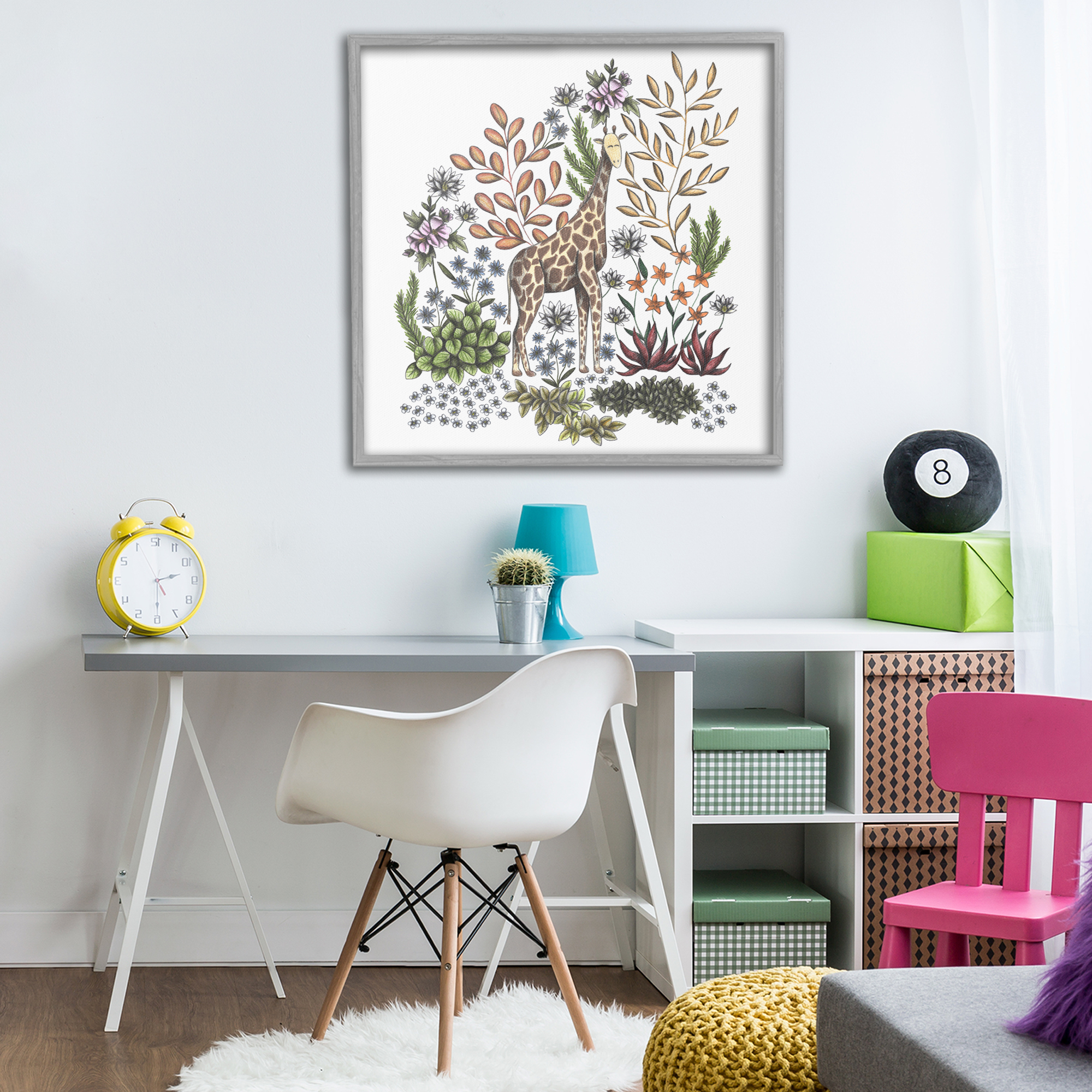 Jungle Wildlife Giraffe Gray Framed Giclee Art, design by Cecilia Battaini
