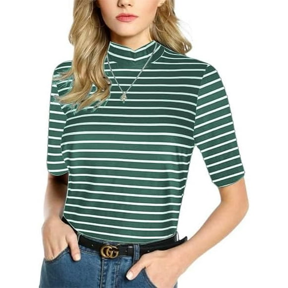 oco Hauts Dénudés des Années 80 pour Femmes Manches Courtes Décontracté Ample Blouse T-Shirt Manches Mi-Longues, Vert, Rayure Nautique Large