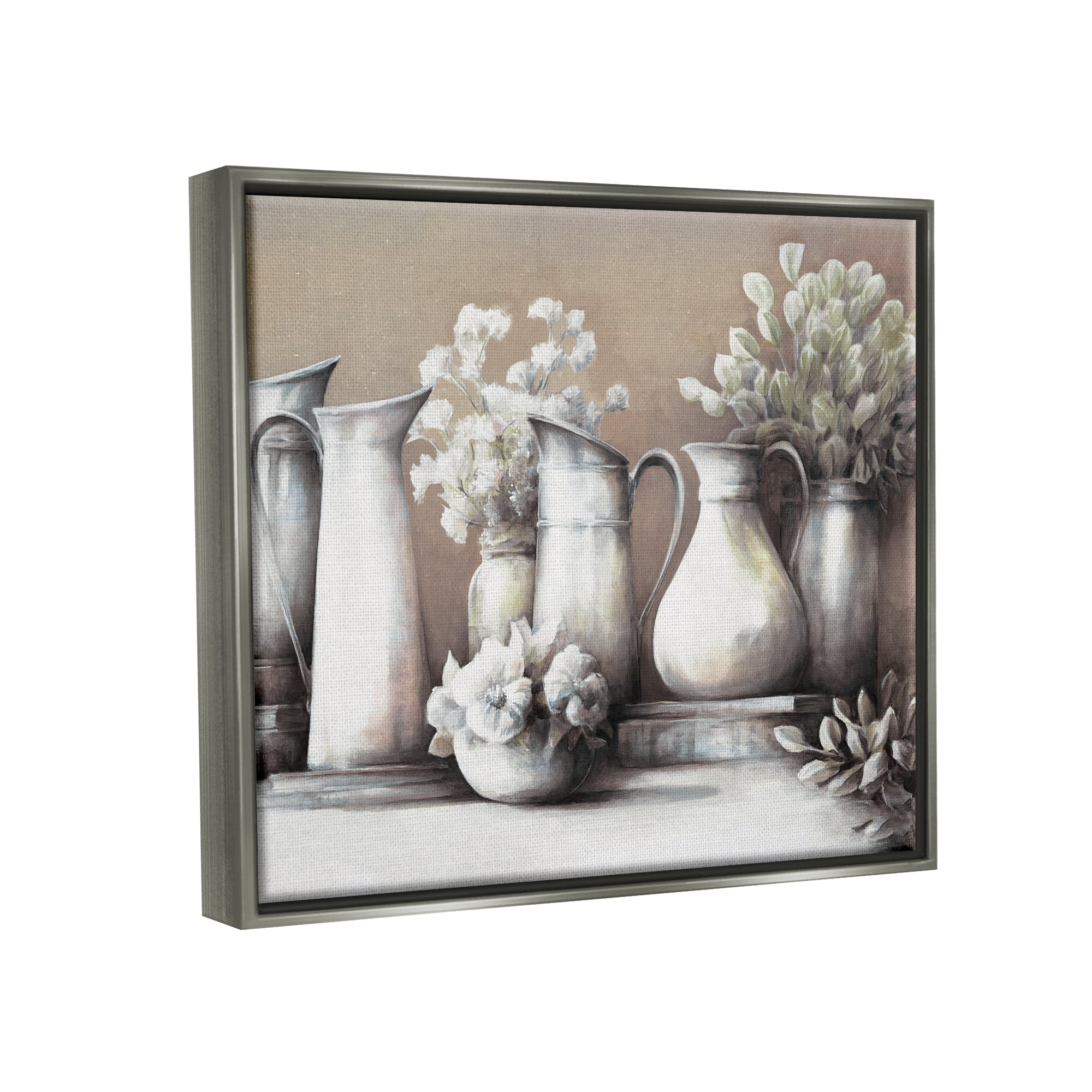 Stupell Industries Classic Flower Arrangement Country Water Jug Painting Painting Luster Gray Floating Framed Canvas Print Wall Art, Design by White Ladder
