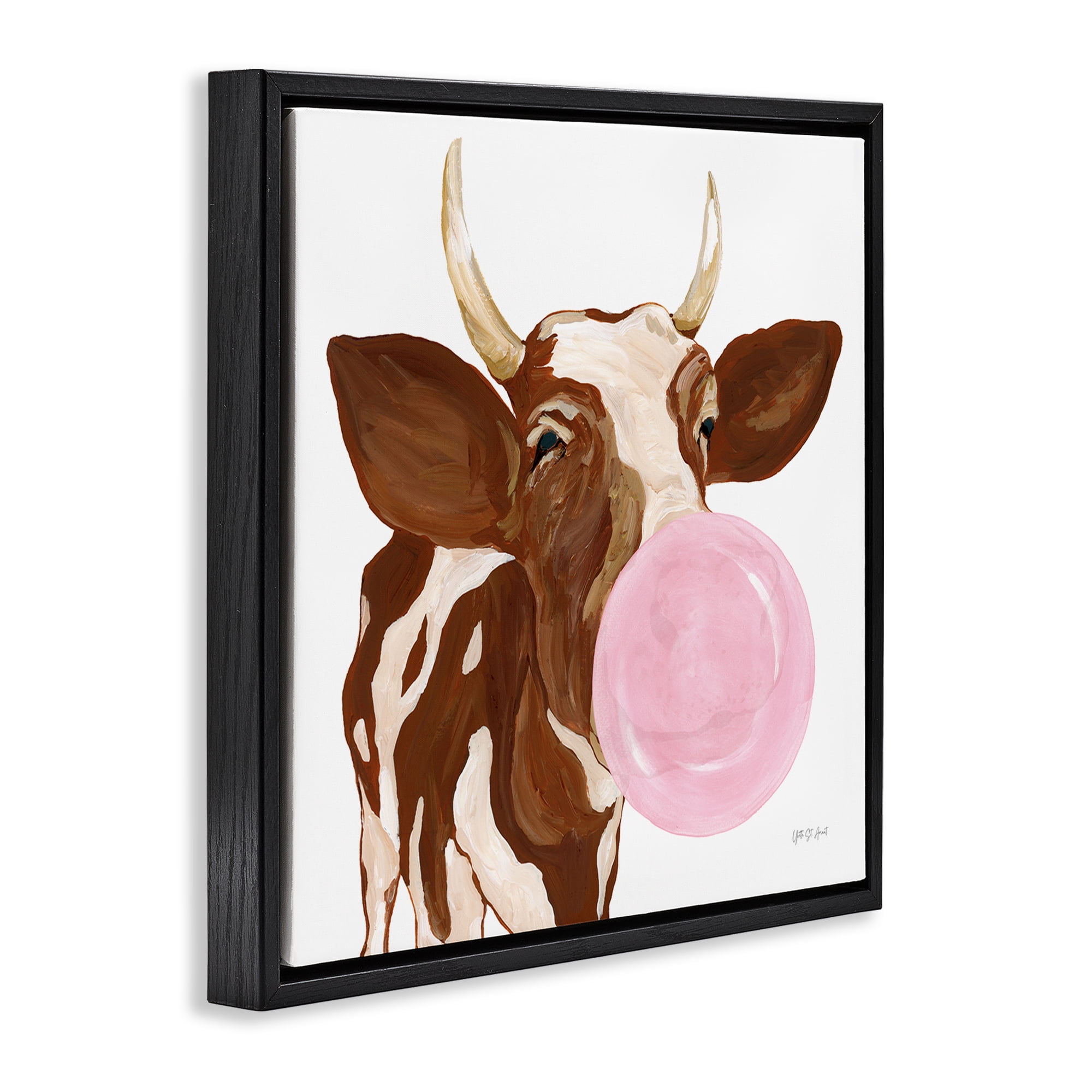 Stupell Industries Happy Bubblegum Cow Animals Painting Black Floater Framed Canvas Art Print Wall Art, 25 x 25