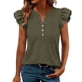 thumbnail image 2 of ClodeEU Women’s V Neck Puff Short Sleeve T Shirt with Button ,Casual Solid Color Top Army Green,Women's Plus L, 2 of 6