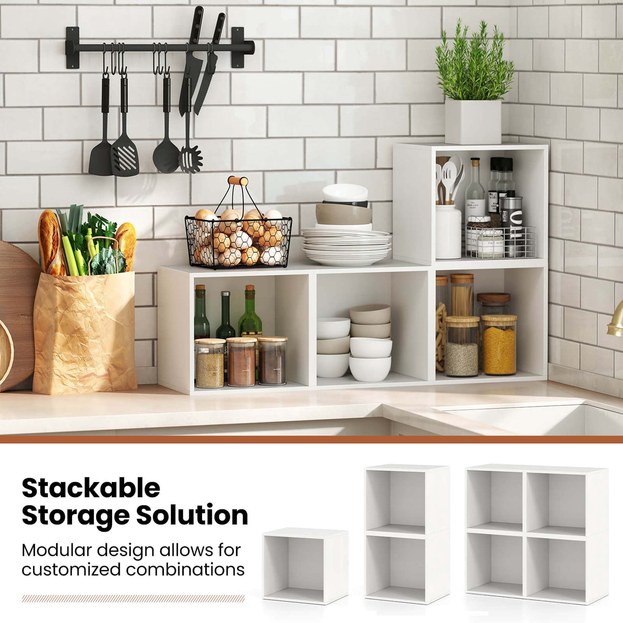 Costway 4 PCS Wooden Cube Storage Organizer Stackable Open Book Shelf for Small Space White