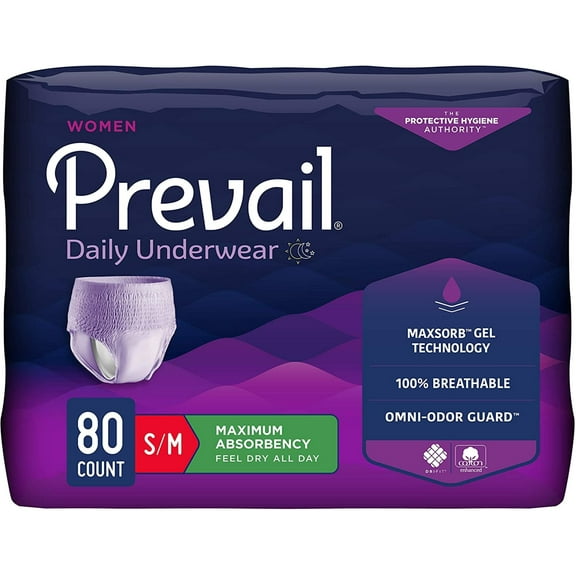 Prevail Incontinence Protective Underwear for Women, Maximum Absorbency, Pull On with Tear Away Seams, Medium, Case of 80
