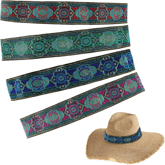 Ethnic style Embroidery Polyester Ultra Wide Thick Flat Adjustable Hat Band with Elastic Nylon Cord for Cowboy Hat Bend Brim Fedora Hat Straw Hat Decoration