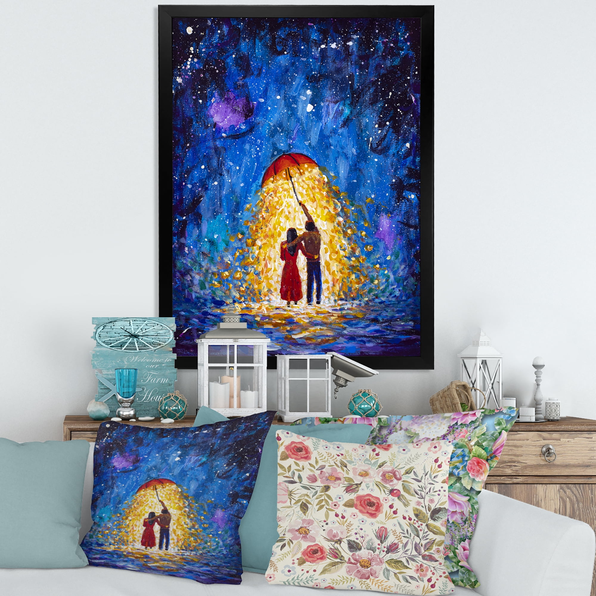 Designart 'Abstract Couple In Love Walks Under Glowing Umbrella' French Country Framed Art Print