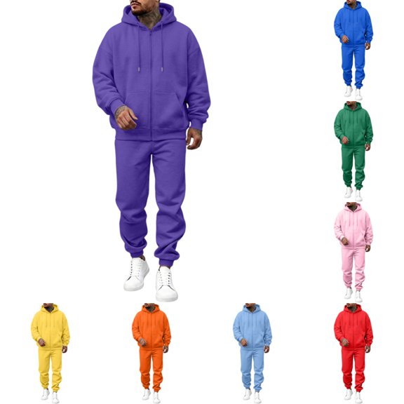 Men's Tracksuit 2 Piece Casual Long Sleeve Full-Zip Fleece Hoodie Sweatshirt pocket and pants Sweatsuits Fall Winter Fashion Lightweight Jogging Outfitsfor Purple M
