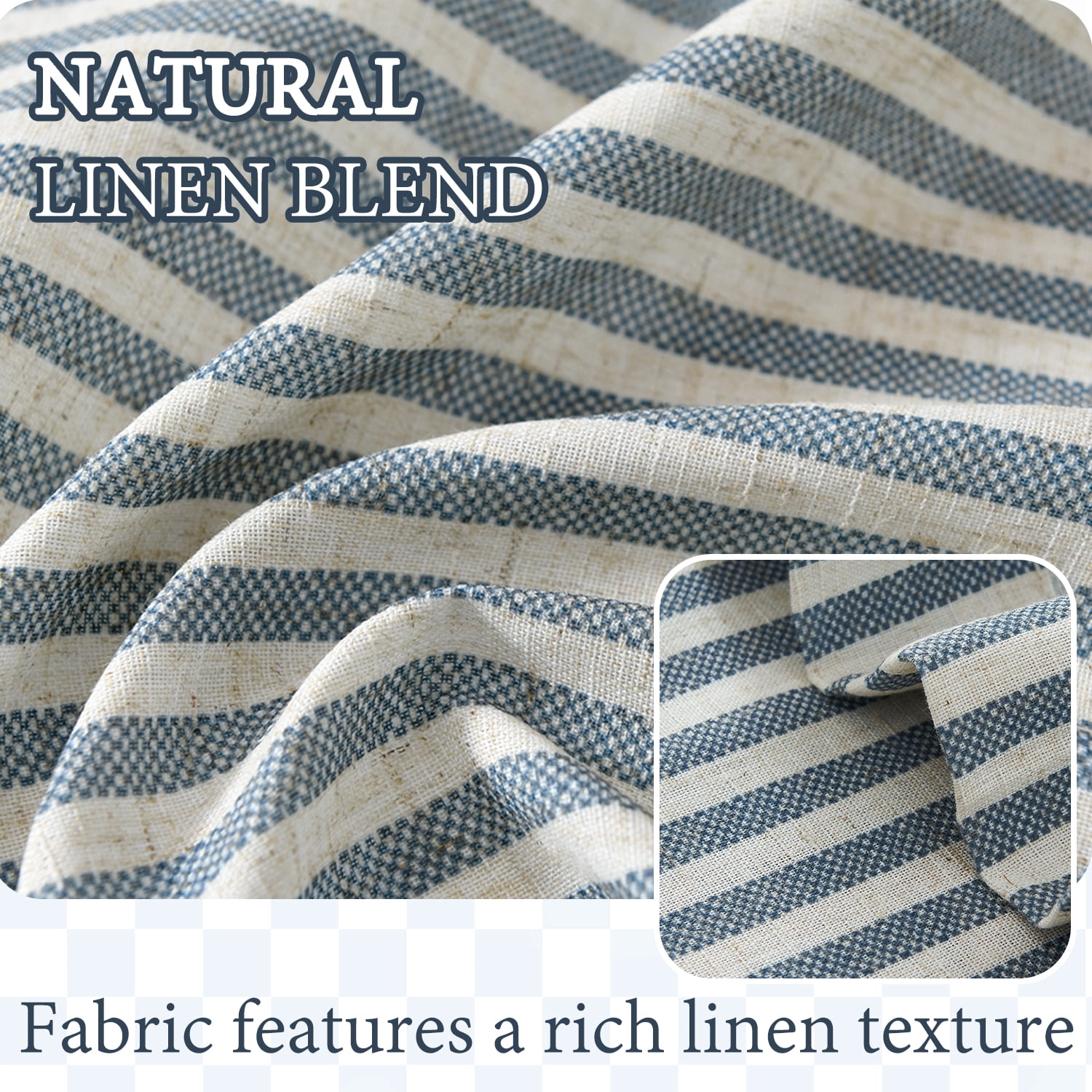 TOPICK Striped Kitchen Curtains and Valance Set 36 Inch Small Linen Curtains for Cafe Living Room Bathroom Farmhouse 3 Pieces Set Rod Pocket Blue