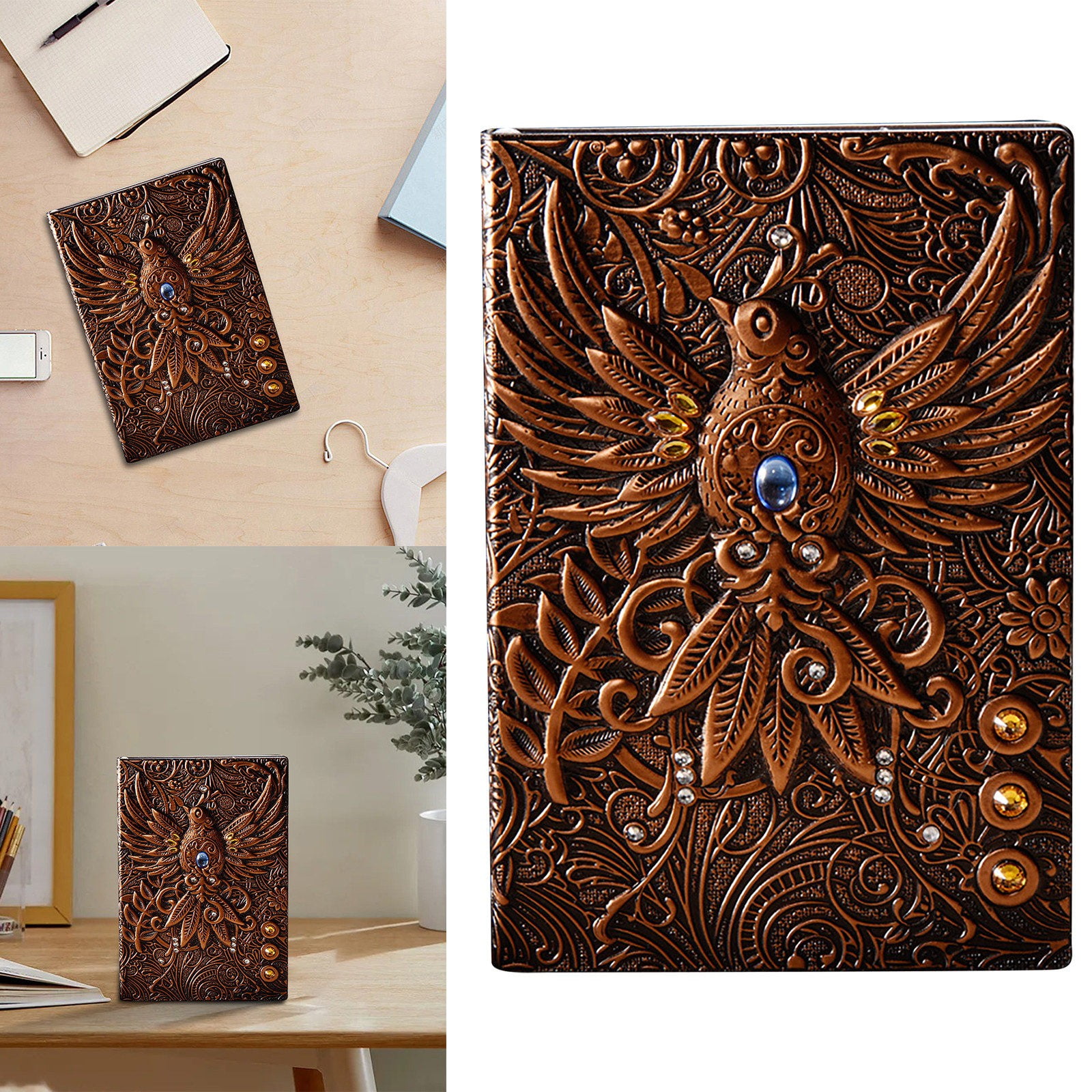 WMGHA Embossed Leather Journal Writing Notebook - Antique Handmade Leather Daily Notepad Sketchbook, Phoenix Gift For Men & Women,Travel Sketchbook & Poetry Diary,100 Sheets,A5 (5.5" X 8.3")