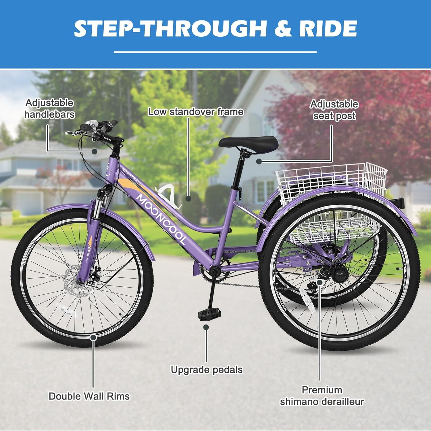 Mooncool Mountain Tricycle for Adults, 7 Speed Three Wheel Bike, 24/26/27.5 Inch Adults Trikes with Shopping Basket, Exercise Men's Women's Tricycles