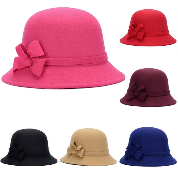Walbest Women Girls Vintage Faux Wool Wide Brim Felt Bowler Cap Floppy Hat Winter Warm Hat with Bow