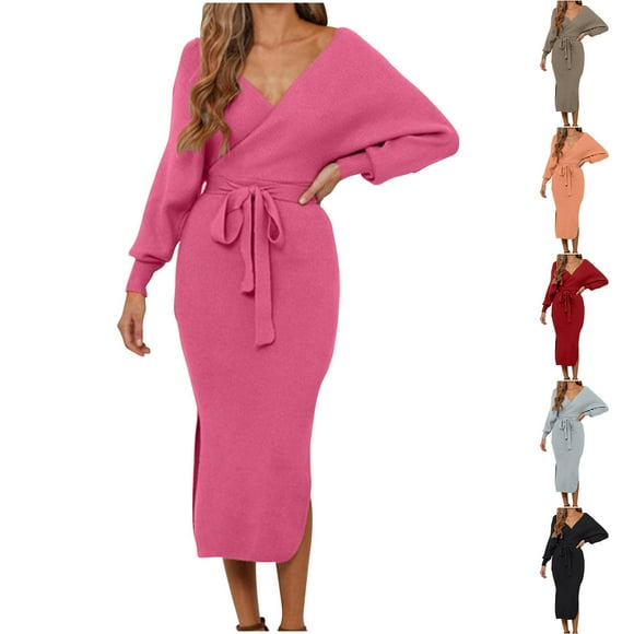 Meichang Women's Fall Sweater Dress V Neck Wrap Long Sleeve Bodycon Dresses Tie Waist Slim Fit Split Knit Dresses Cocktail Party Midi Sweater Dresses