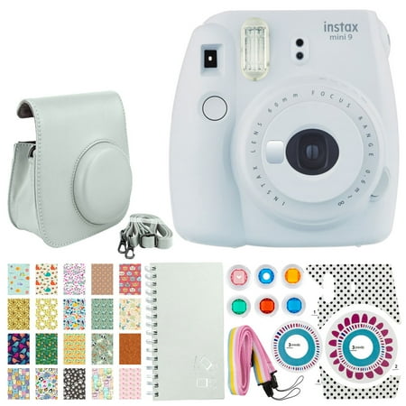 - Fujifilm instax mini 9 Instant Film Camera (Smokey White) + 20 Sticker Frames for Fuji Instax Prints Animal Package + Scrapbook Album + Case with Closure + Striped Neck Strap + Colored Filters + More