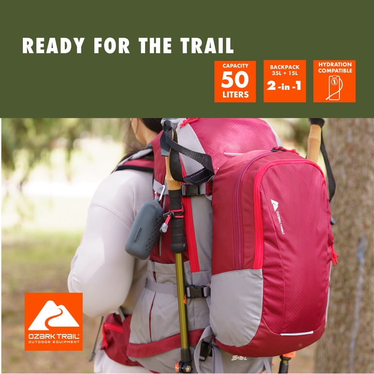 Ozark Trail Backpack Set, 35 Liter Hiker Backpack with Detachable 15 Liter  Daypack, Red
