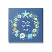 Happy By The Sea Calligraphy Aquatic Shells Wreath Coastal Graphic Art Gallery-Wrapped Canvas Print Wall Art