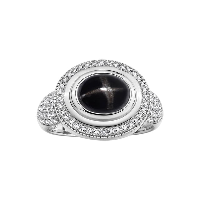 RYLOS Bagues pour Femmes Bague en Argent Sterling Classique Pierre Précieuse Ovale 9x7 mm et Diamants Saphir Étoilé Noir Bijoux Taille 9,5
