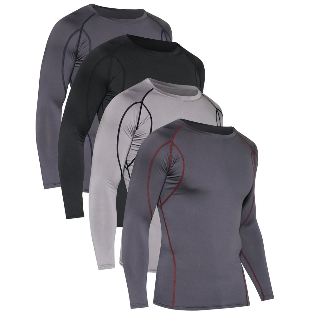 Real Essentials 4 Pack Men's Compression Top Long Sleeve Shirt Base