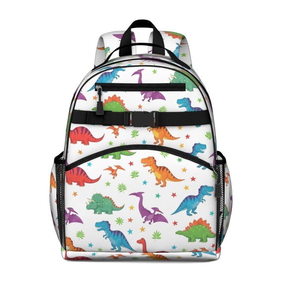 White Cartoon Dinosaurs Stars Pattern Cute School Backpack Bag for School with Padded Back and Adjustable Shoulder Straps 15.25"x11.5"x5.25"
