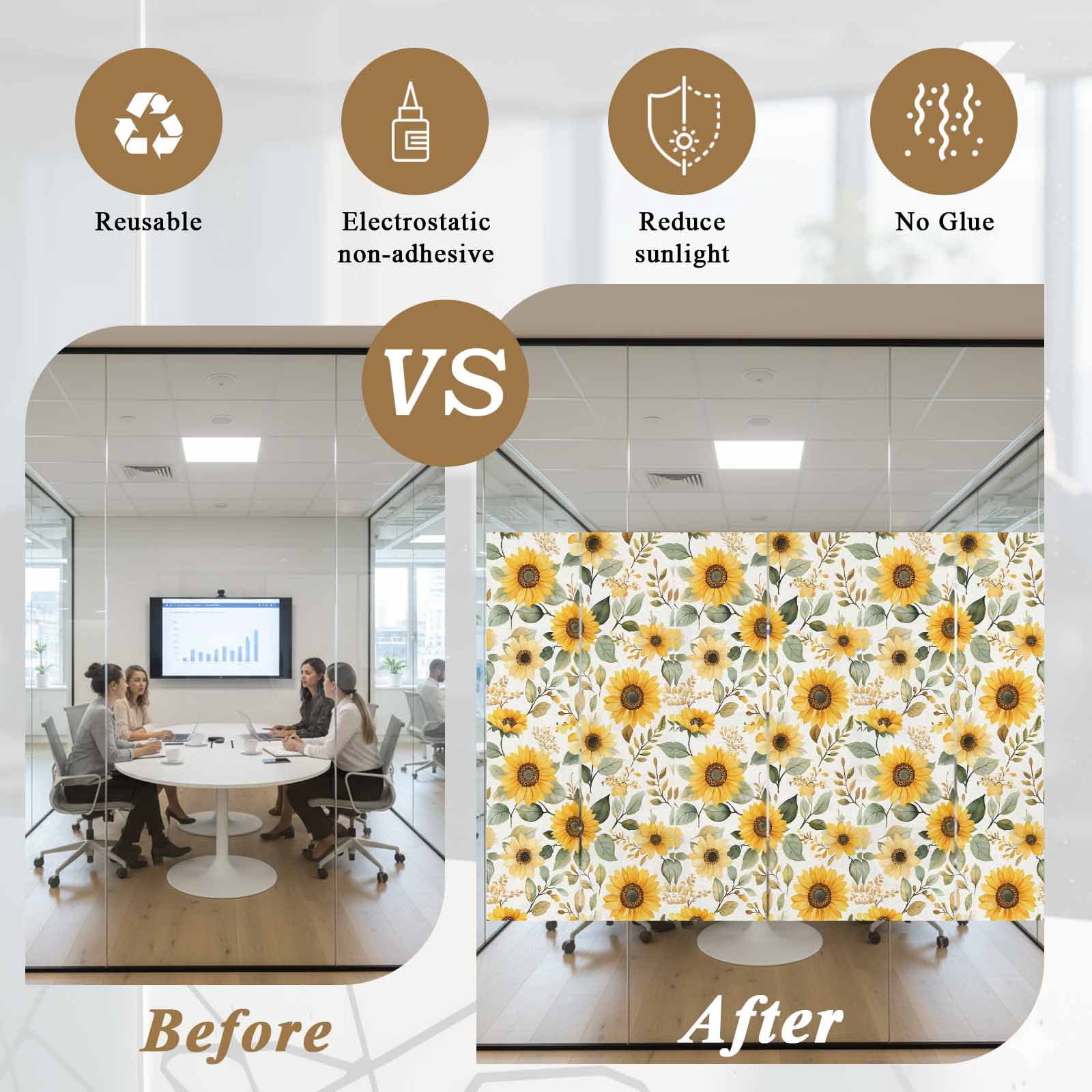 Sunflower Window Privacy Film, Farmhouse Spring Summer Botanical Static Cling UV Sun Blocking Heat Control Window Tint Day and Night, Non-Adhesive Reusable One Way Windows Privacy Cover 23.6''x59''