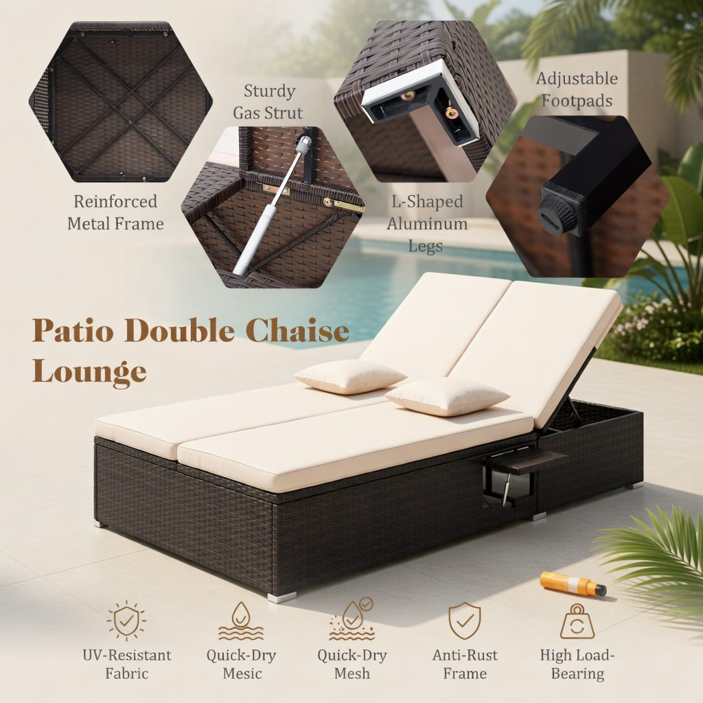 Hommoo Double Chaise Lounge with Adjustable Backrest, PE Rattan Outdoor Patio Lounger for Backyard, Poolside & Deck, Brown