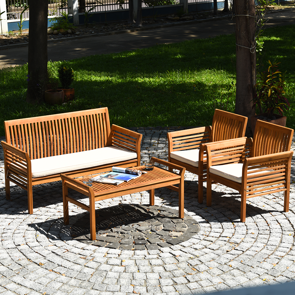 Costway 4 PCS Outdoor Acacia Wood Sofa Furniture Set Cushioned Chair Coffee Table Garden - image 5 of 10