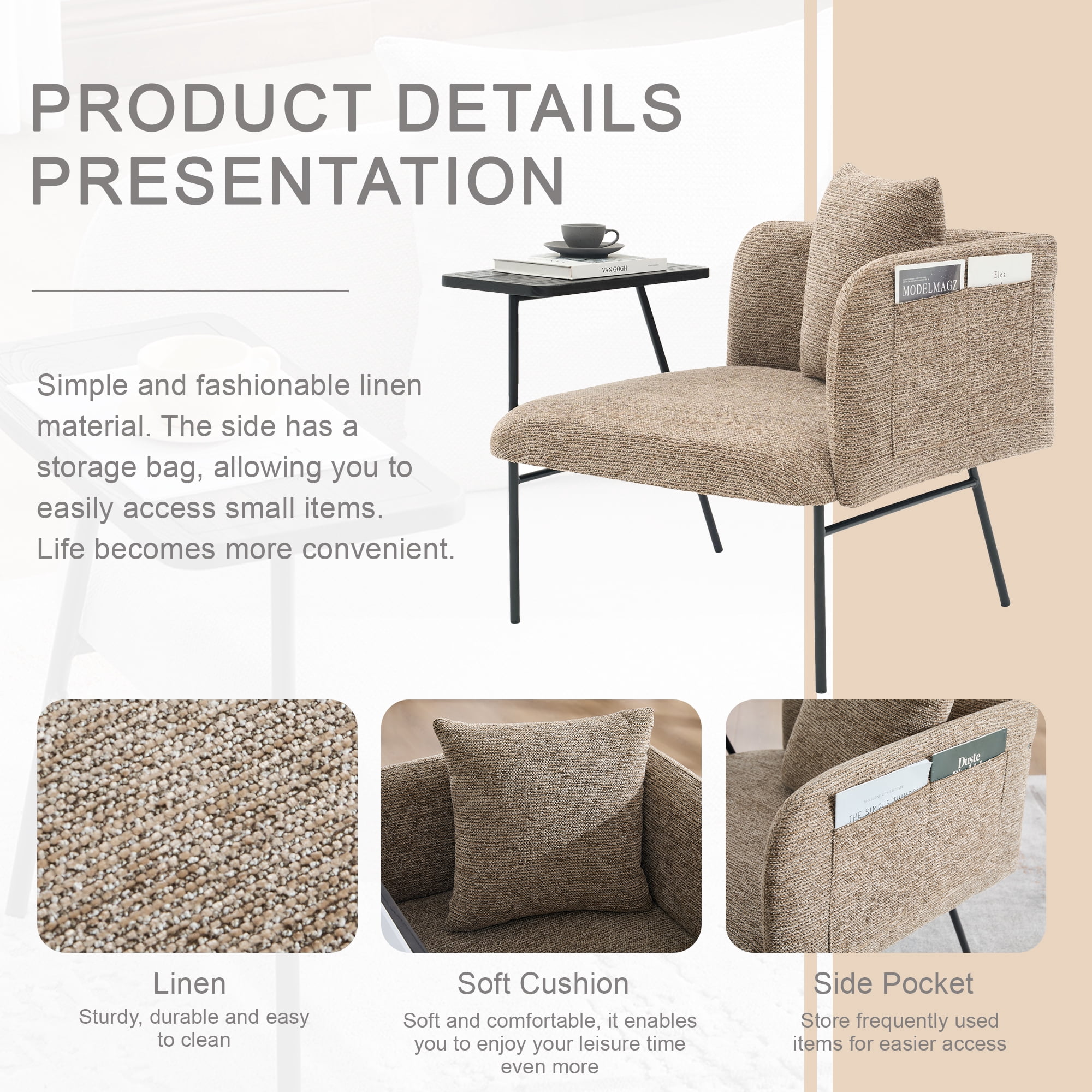 Lounge Accent Chair with Small Table and Pillow, Modern Upholstered Single Sofa Armchair with Side Pockets and Metal Legs, Reading Seating for Bedroom Home Office, Khaki