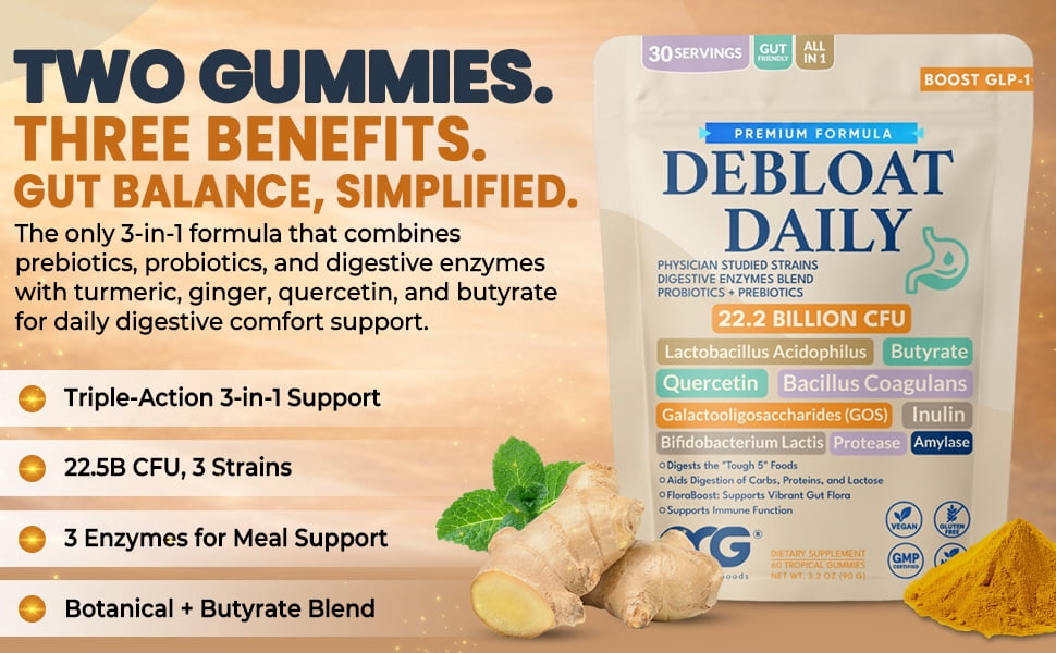 Debloat Daily 3-in-1 Prebiotic, Probiotic & Digestive Enzyme Gummies - 22.2B CFU Gut Health & Bloating Relief - Tropical, 60ct