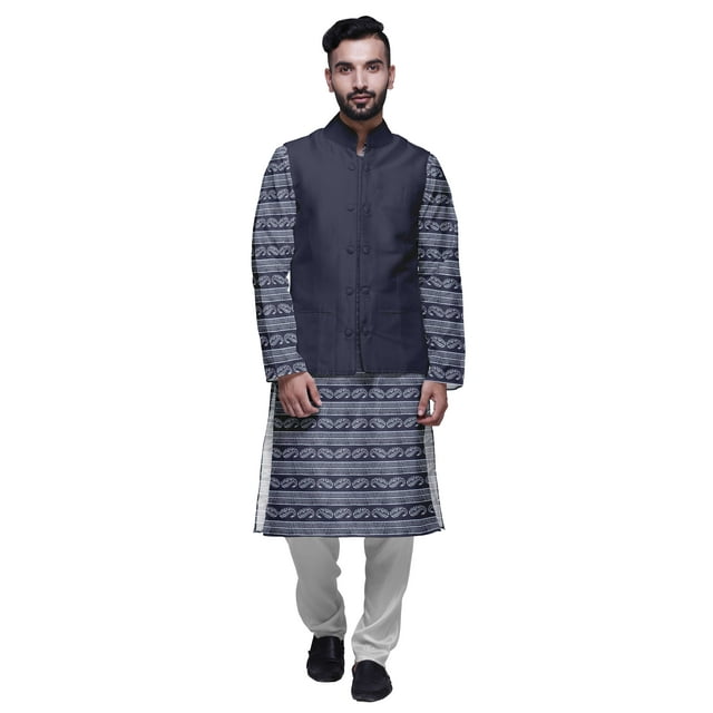 Atasi Kurta Pyjama pour Homme Veste Col Mandarin Indien Imprimé Ensemble de Tenue Ethnique