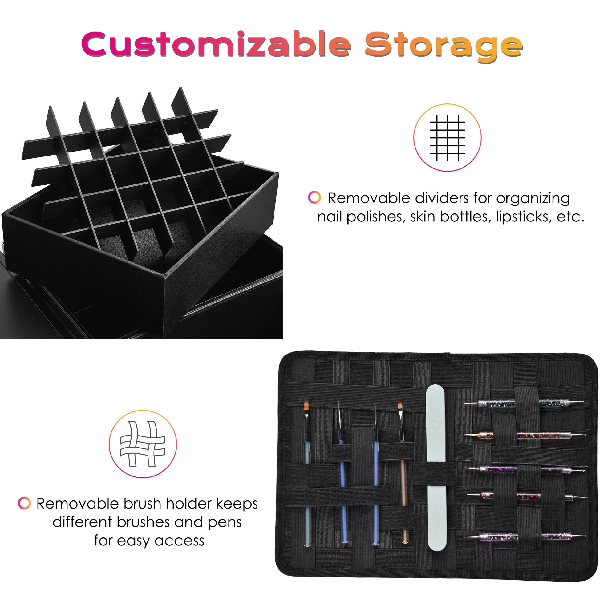 Byootique Rolling Makeup Train Case Patented Design Pedicure Nail Salon Nail Foldable Trolley Cosmetic Organizer Black with Stool