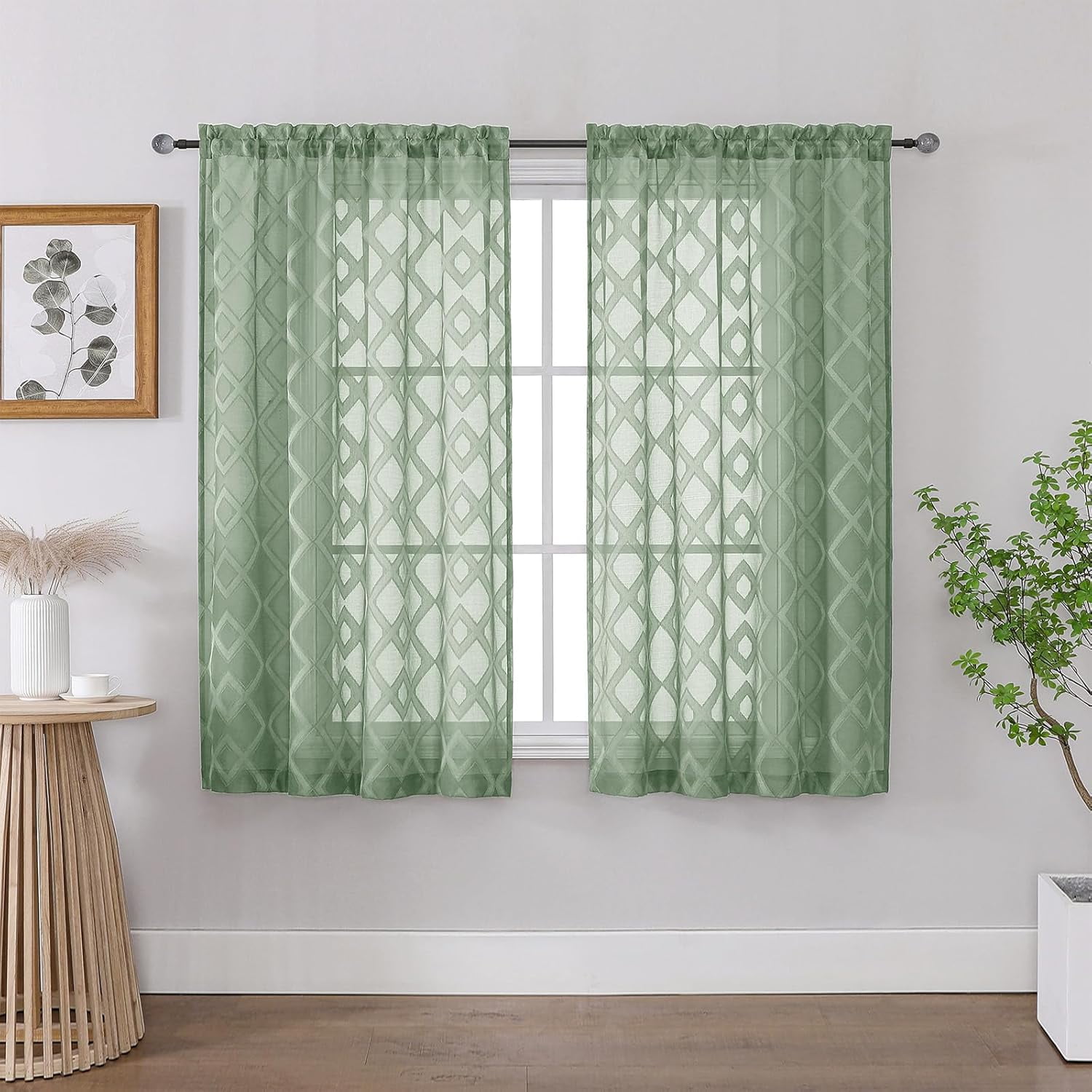 shiyou-Sage Green Curtains for Windows, Clip Jacquard Textured